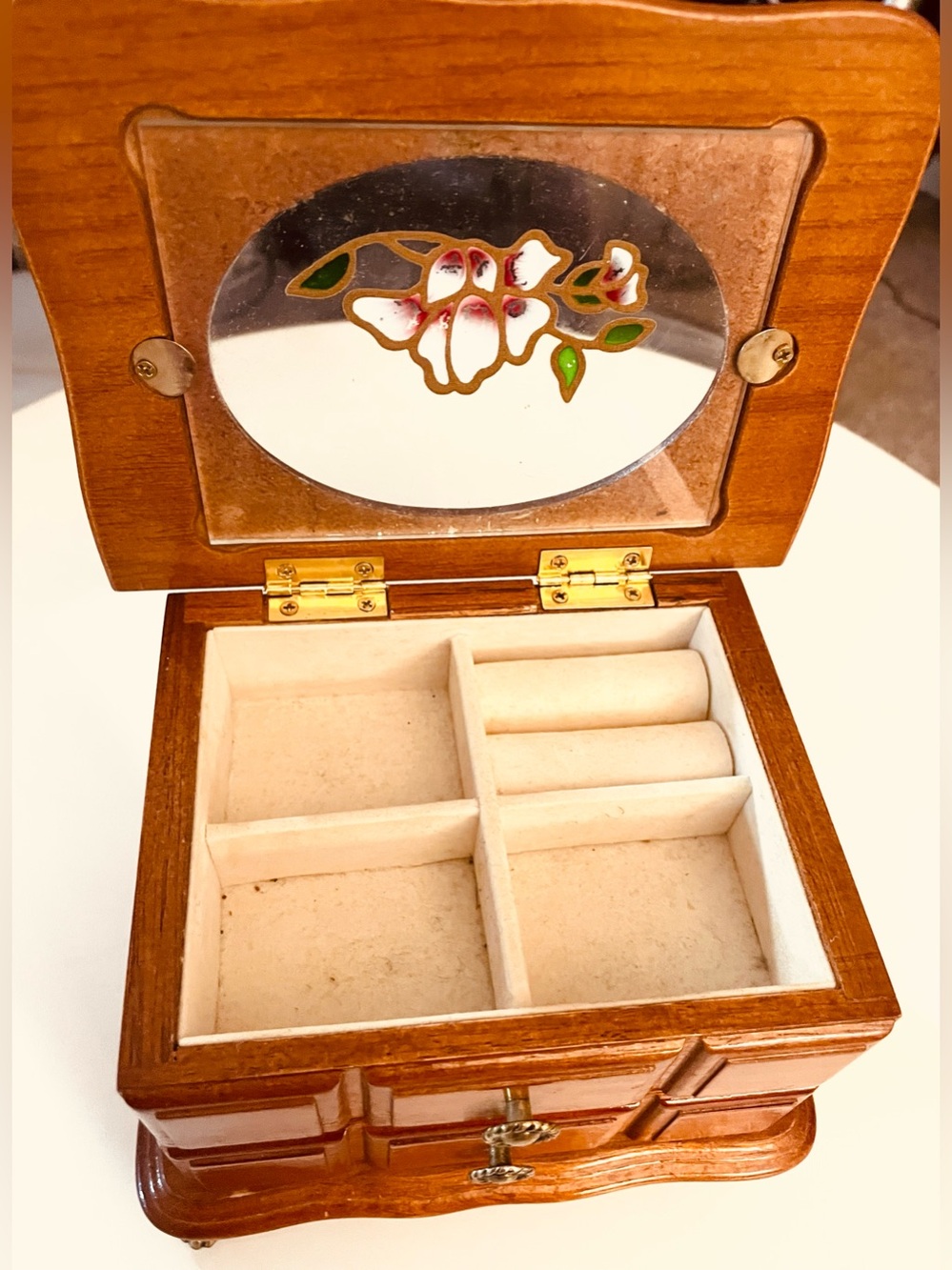 Vintage Jewelry Box with Floral Mirror - Brown